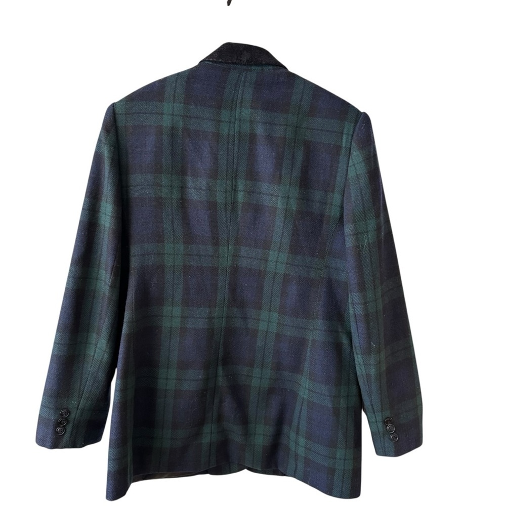 Vintage Plaid Blazer Jacket Velvet Collar Size 10 Blue Green Holidays Festive - Picture 9 of 10